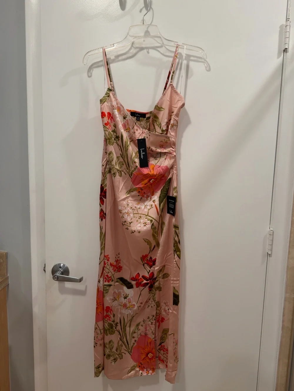 Lulu's Pink Floral Satin Midi Slip Dress with Side Slit